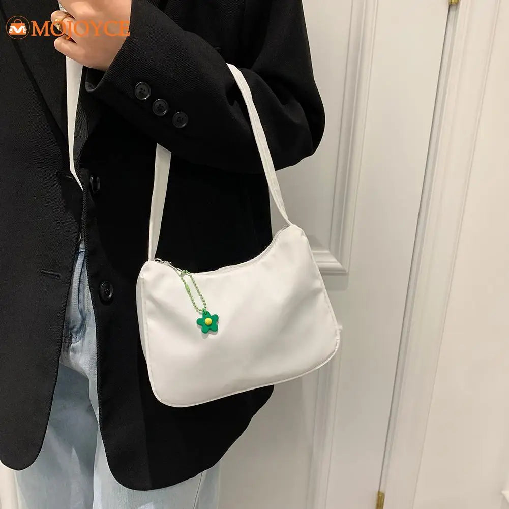 Casual Nylon Underarm Bag with Flower Pendant Tote Purse