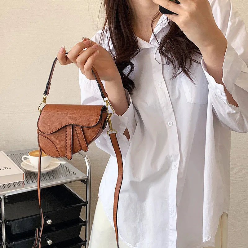Small Women Saddle Bag High Solid PU Leather Crossbody Messenger Clutch