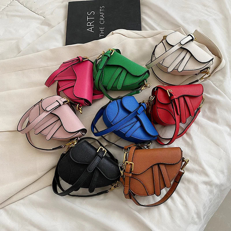 Small Women Saddle Bag High Solid PU Leather Crossbody Messenger Clutch