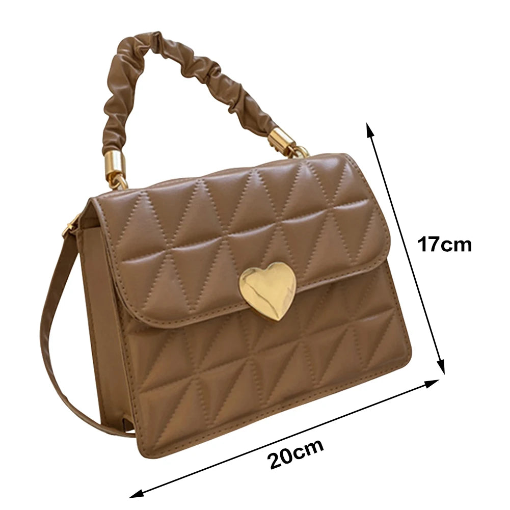 Women Shoulder Bag PU Leather Crossbody Heart Pleated Quilted Tote Handbag