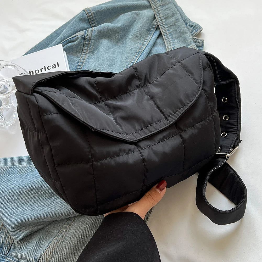 Quilted Cotton Shoulder Bag - Rhombus Pattern Flap Pocket