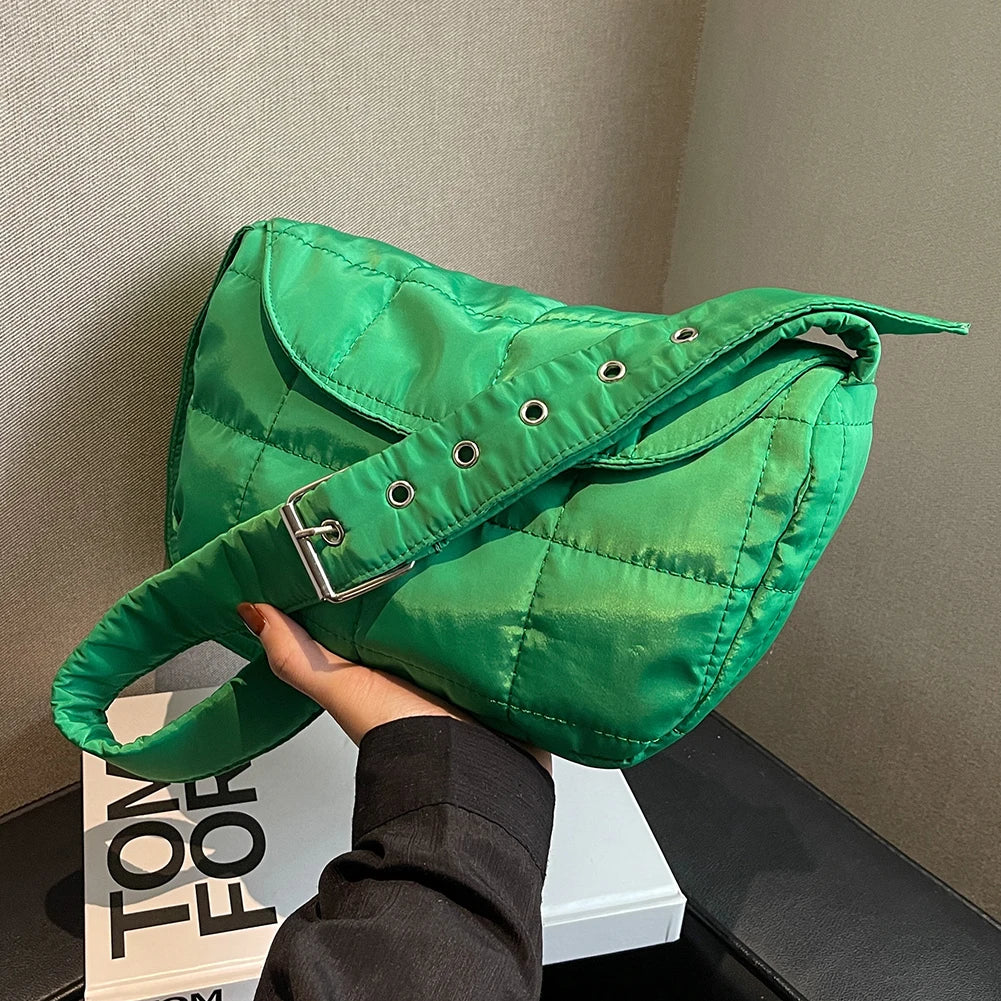 Quilted Cotton Shoulder Bag - Rhombus Pattern Flap Pocket