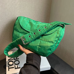 Quilted Cotton Shoulder Bag - Rhombus Pattern Flap Pocket