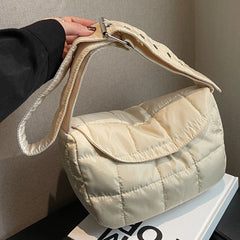 Quilted Cotton Shoulder Bag - Rhombus Pattern Flap Pocket