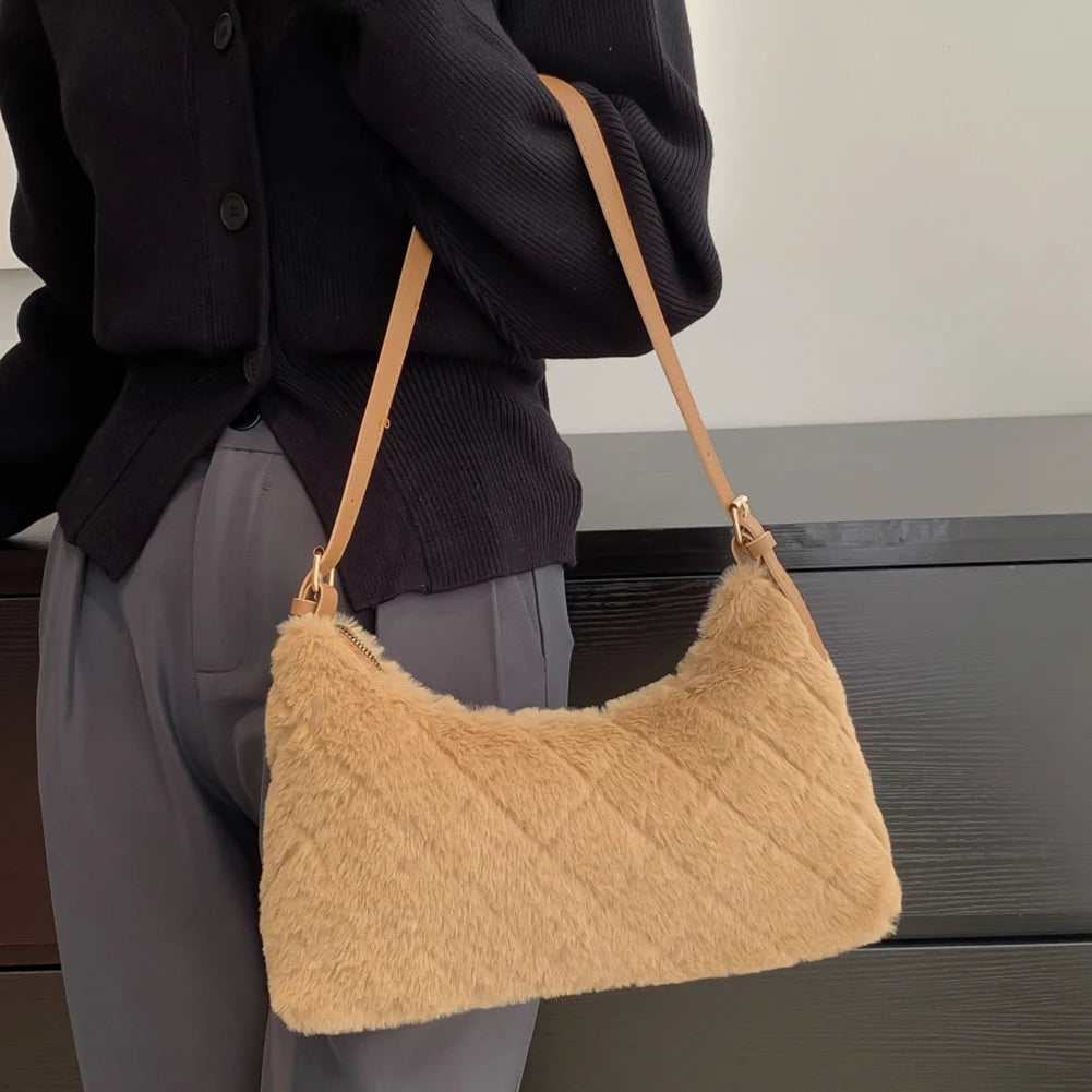 Women Shoulder Bag Rhombus Fluffy Handbag Winter Casual Armpit Bag