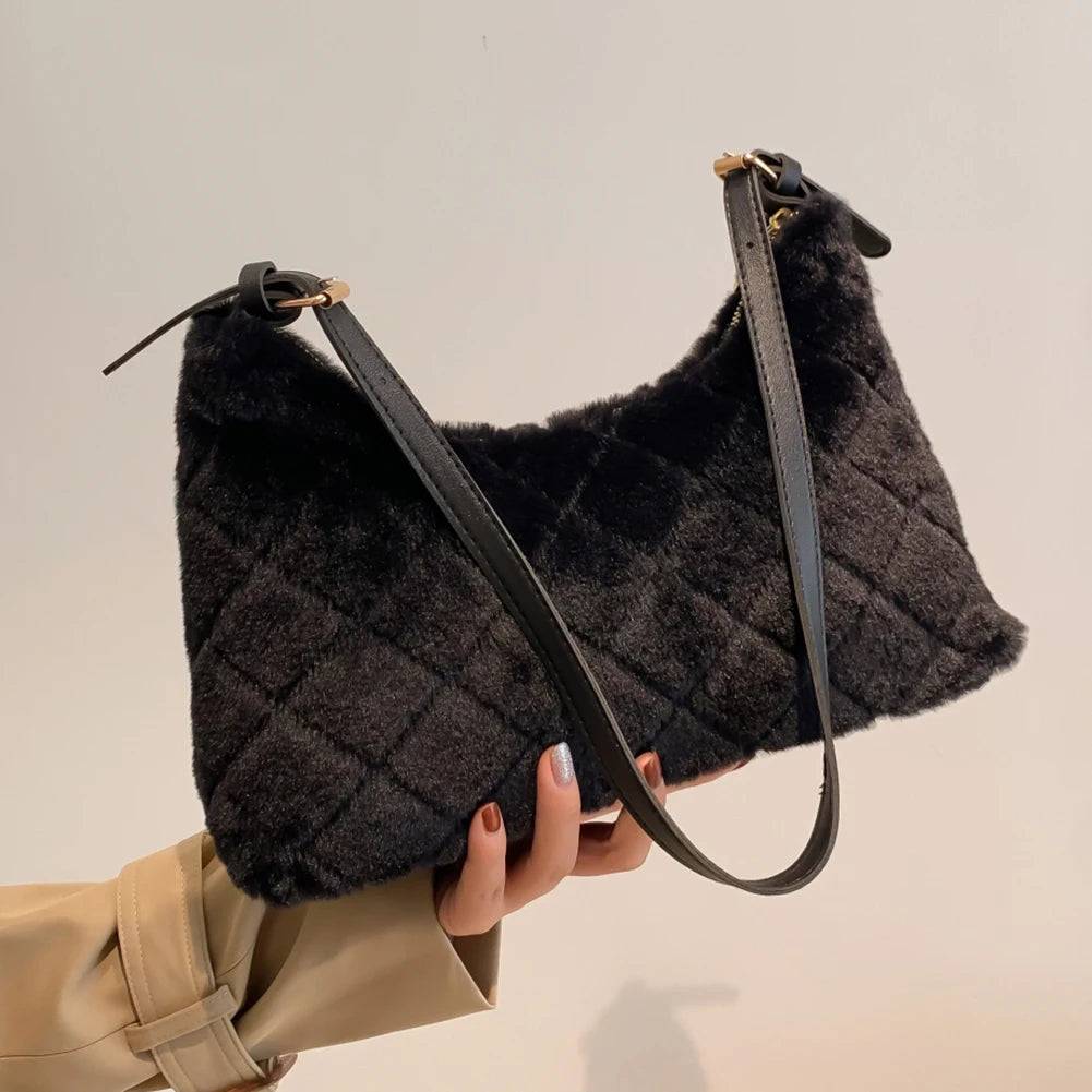 Women Shoulder Bag Rhombus Fluffy Handbag Winter Casual Armpit Bag
