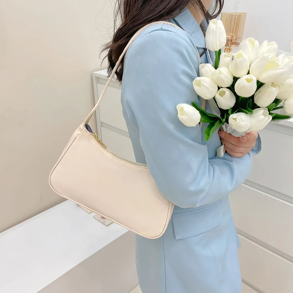 Women Nylon Shoulder Bag Top-handle Clutch Zipper Shopper Handbag Pouch