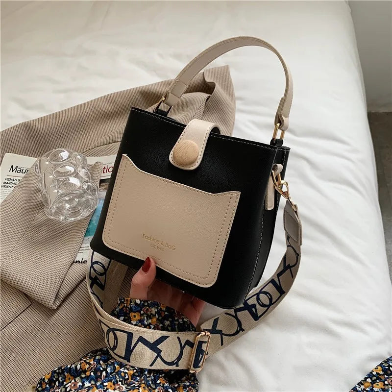 Women Bucket Tote Bag Wide Strap Shoulder Bag
