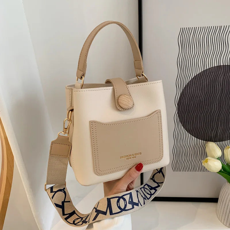 Women Bucket Tote Bag Wide Strap Shoulder Bag