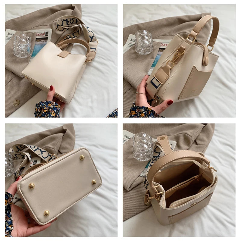 Women Bucket Tote Bag Wide Strap Shoulder Bag