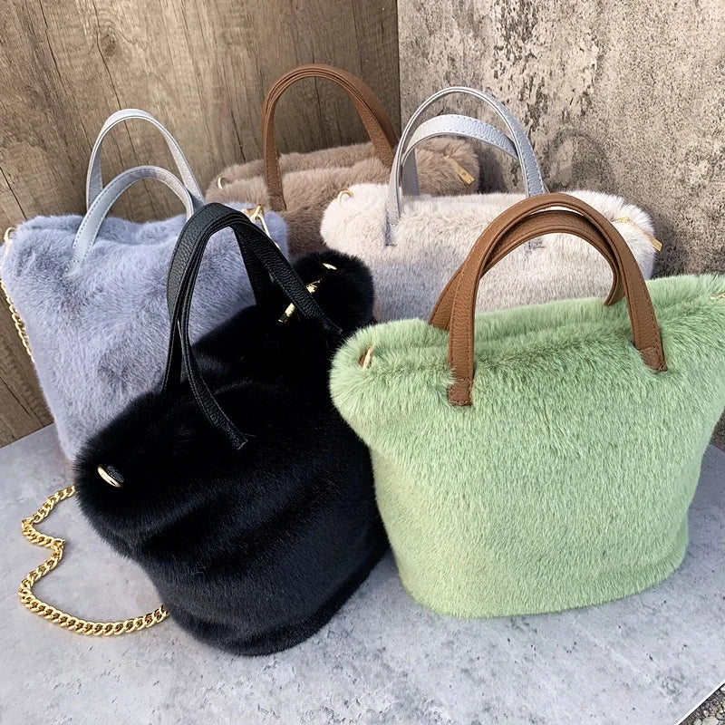 Soft Plush Bucket Bag Faux Fur Shoulder Bag Large Capacity Chain Bags
