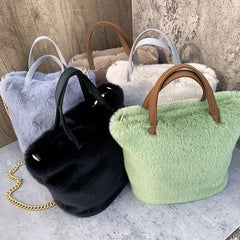 Soft Plush Bucket Bag Faux Fur Shoulder Bag Large Capacity Chain Bags