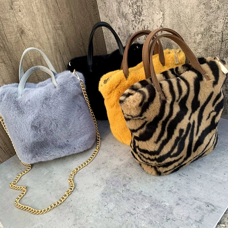 Soft Plush Bucket Bag Faux Fur Shoulder Bag Large Capacity Chain Bags