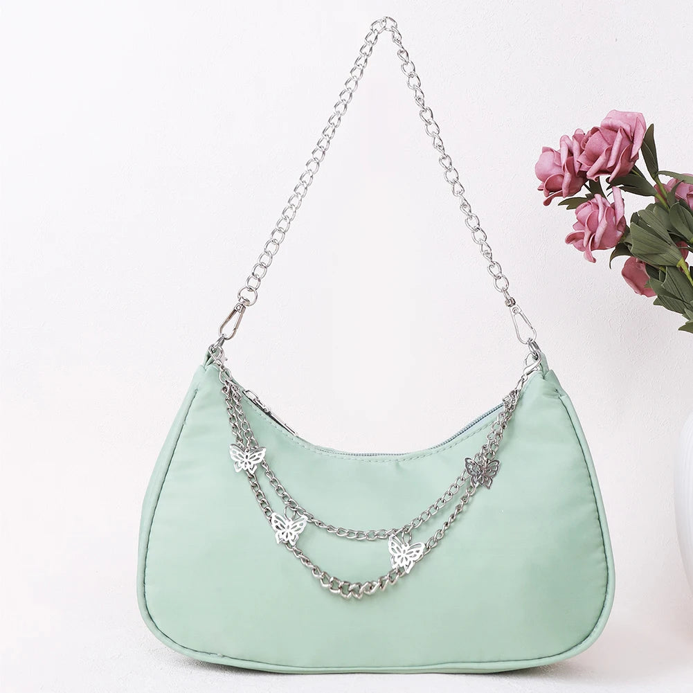 Women Solid Shoulder Underarm Bags Casual Ladies Shopper Purses Butterfly Chain