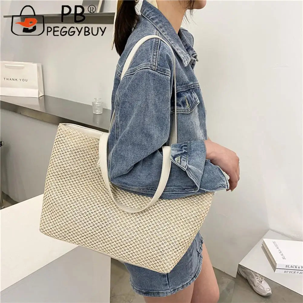 Straw Woven Leather Shoulder Tote Bag - Large Capacity Handbag