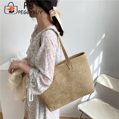 Straw Woven Leather Shoulder Tote Bag - Large Capacity Handbag