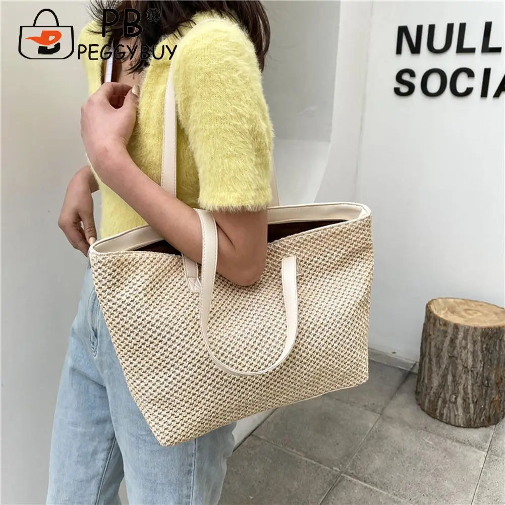 Straw Woven Leather Shoulder Tote Bag - Large Capacity Handbag