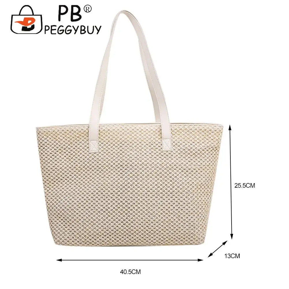 Straw Woven Leather Shoulder Tote Bag - Large Capacity Handbag