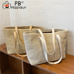 Straw Woven Leather Shoulder Tote Bag - Large Capacity Handbag
