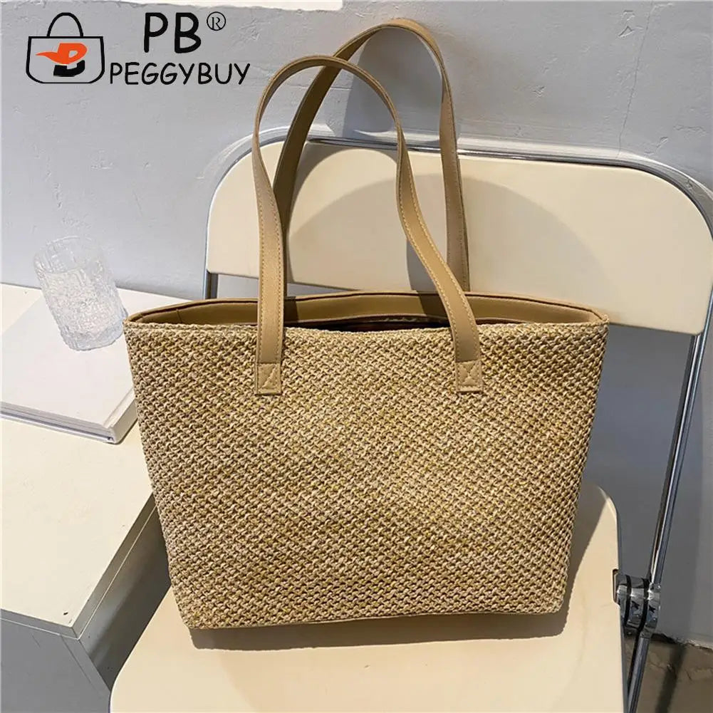 Straw Woven Leather Shoulder Tote Bag - Large Capacity Handbag