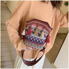 Women Tassel Shoulder Bag Ethnic Embroidery Mirror Hippie Crossbody Bag