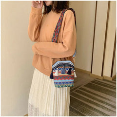 Women Tassel Shoulder Bag Ethnic Embroidery Mirror Hippie Crossbody Bag