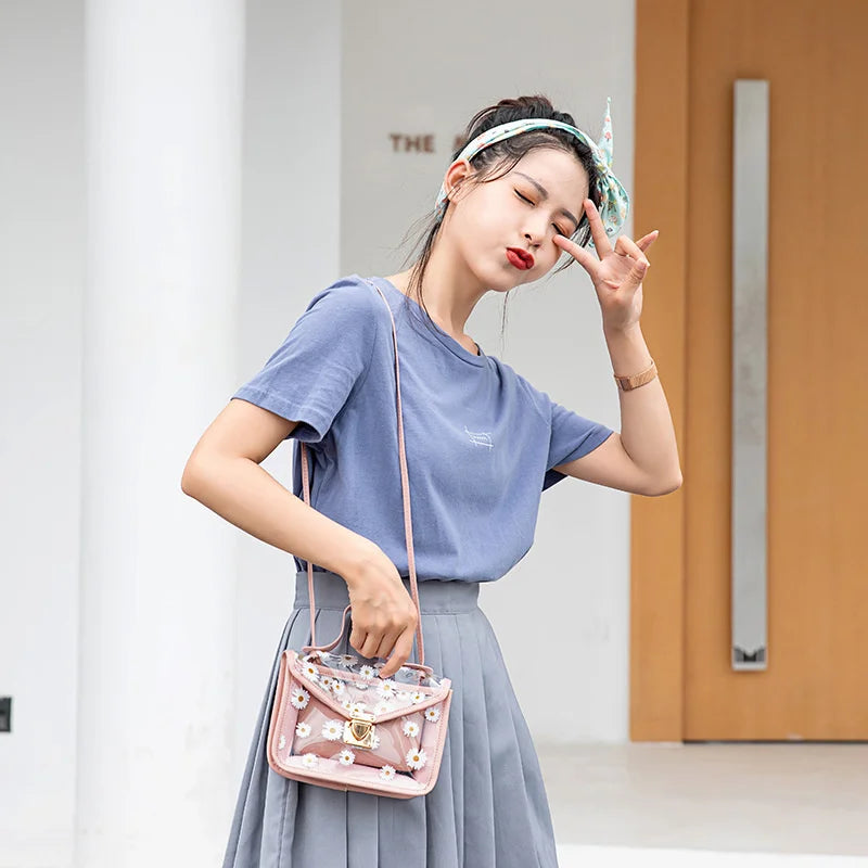 Women Daisy Pattern Crossbody Shoulder Bag Transparent Composite Tote