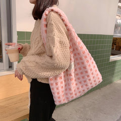 Waffle Plaid Shoulder Bag Large Capacity Tote Crossbody Soft Plush Shopping Bags