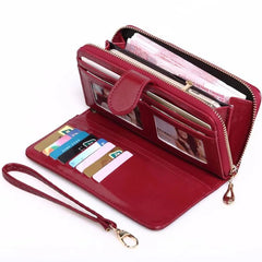 Women Leather Wallet Double Zipper Clutch Wristlet Handbag
