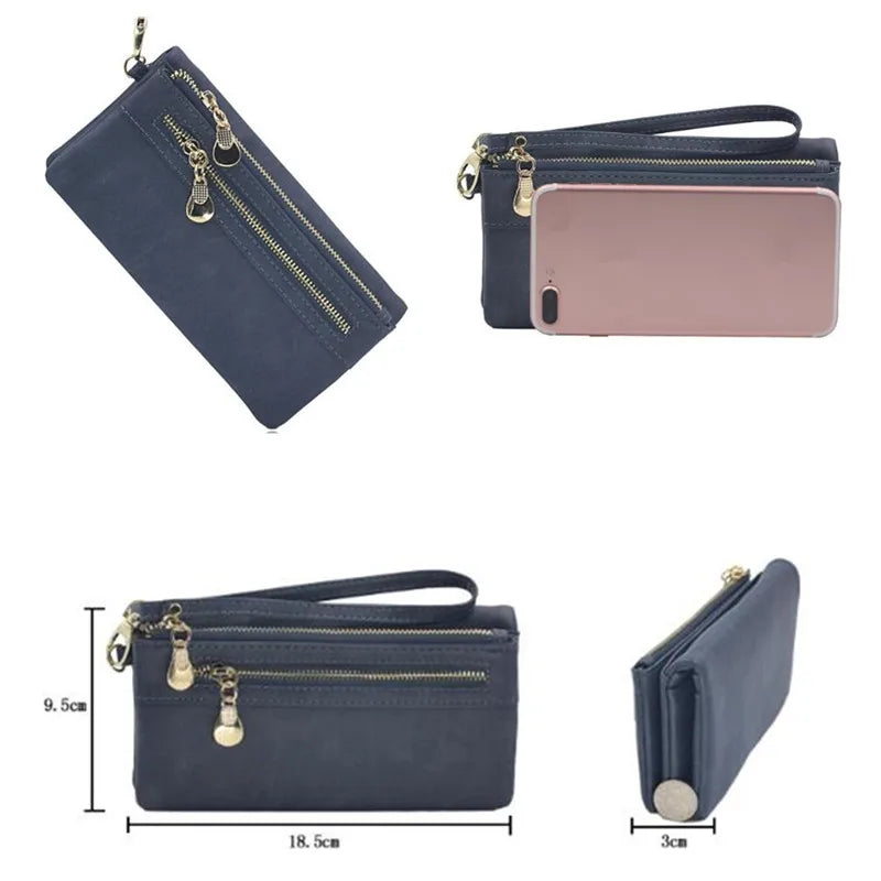 Women Dull Leather Double Zipper Clutch Purse Handbag