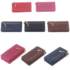 Women Leather Wallet Double Zipper Clutch Wristlet Handbag