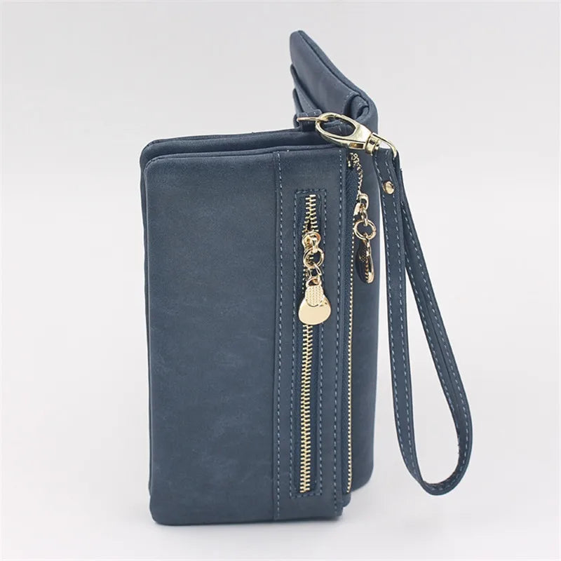 Women Dull Leather Double Zipper Clutch Purse Handbag