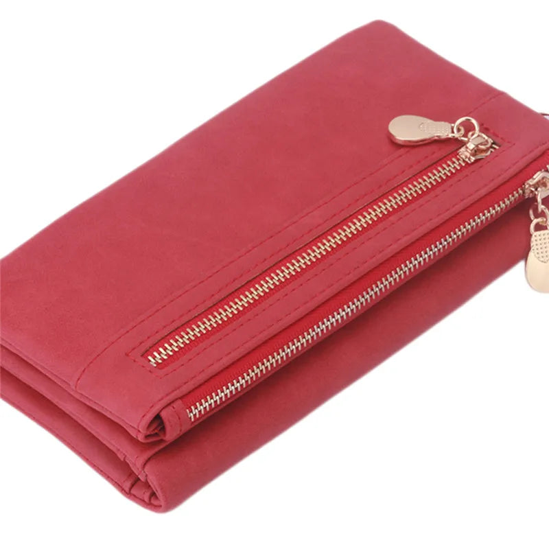 Women Leather Wallet Double Zipper Clutch Wristlet Handbag
