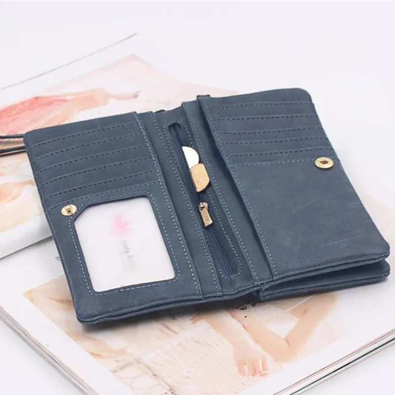 Women Leather Wallet Double Zipper Clutch Wristlet Handbag