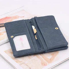 Women Leather Wallet Double Zipper Clutch Wristlet Handbag
