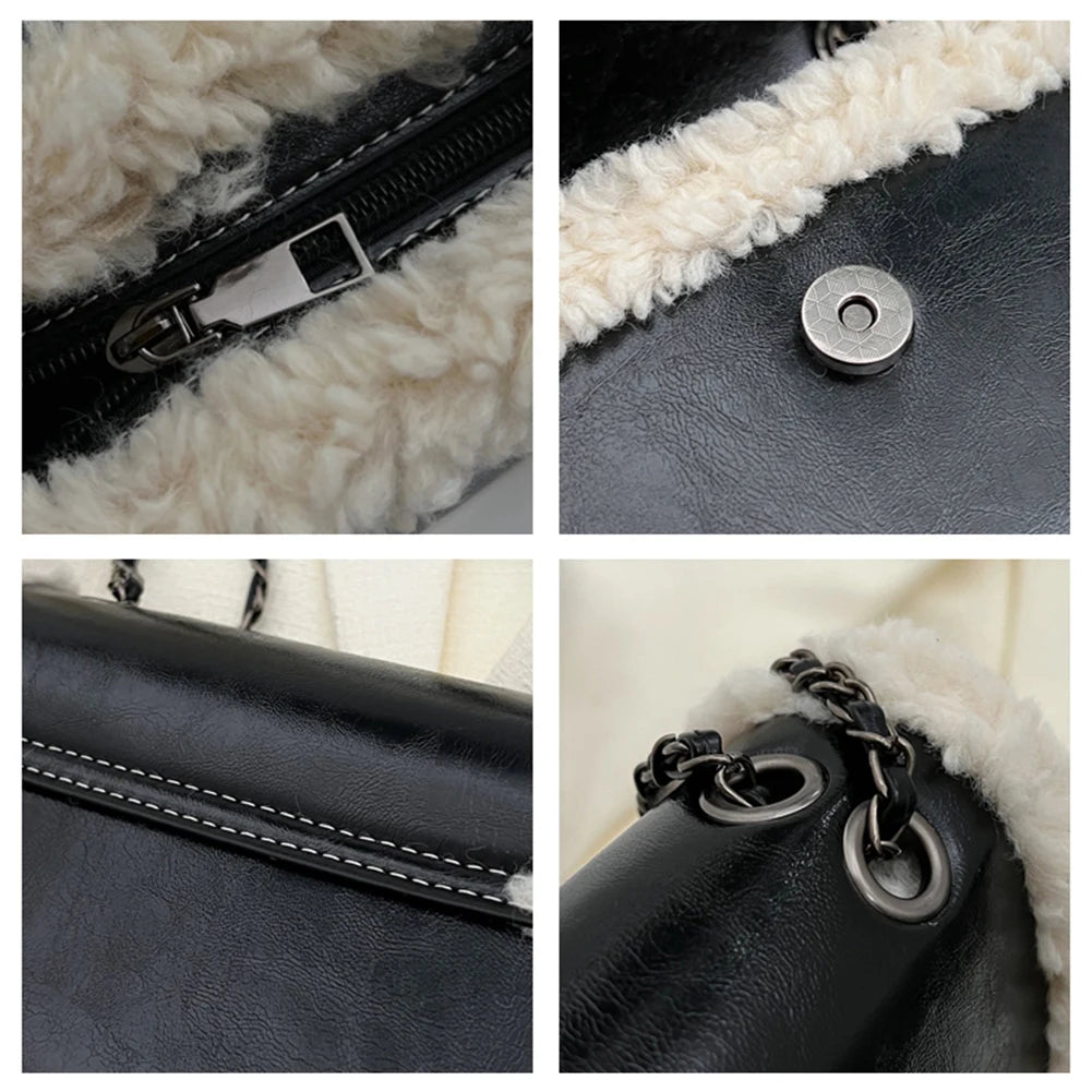 Women Winter Faux Fur Lambswool Shoulder Crossbody Bag Retro Leather Handbag