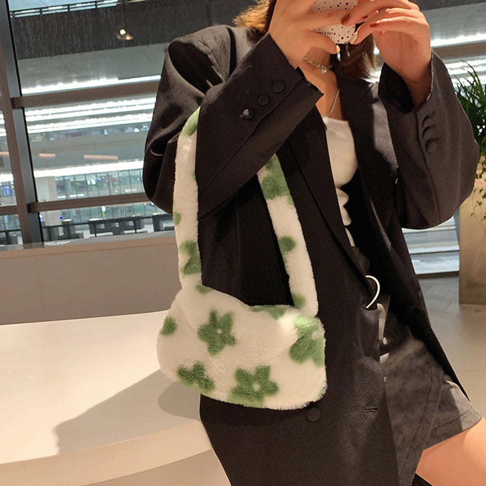 Flower Print Plush Shoulder Bag Autumn Winter Small Purse