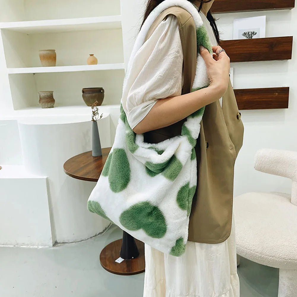 Women's Heart Print Plush Shoulder Bag Winter Handbag