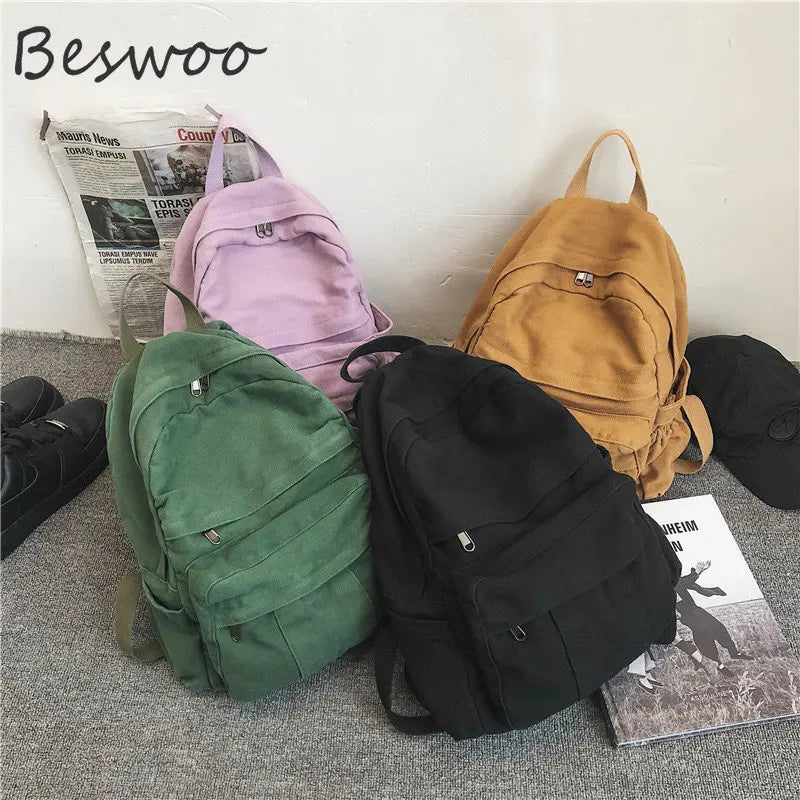 Women's Canvas Backpacks Retro Solid Student Backpack Female Large Capacity Ruck