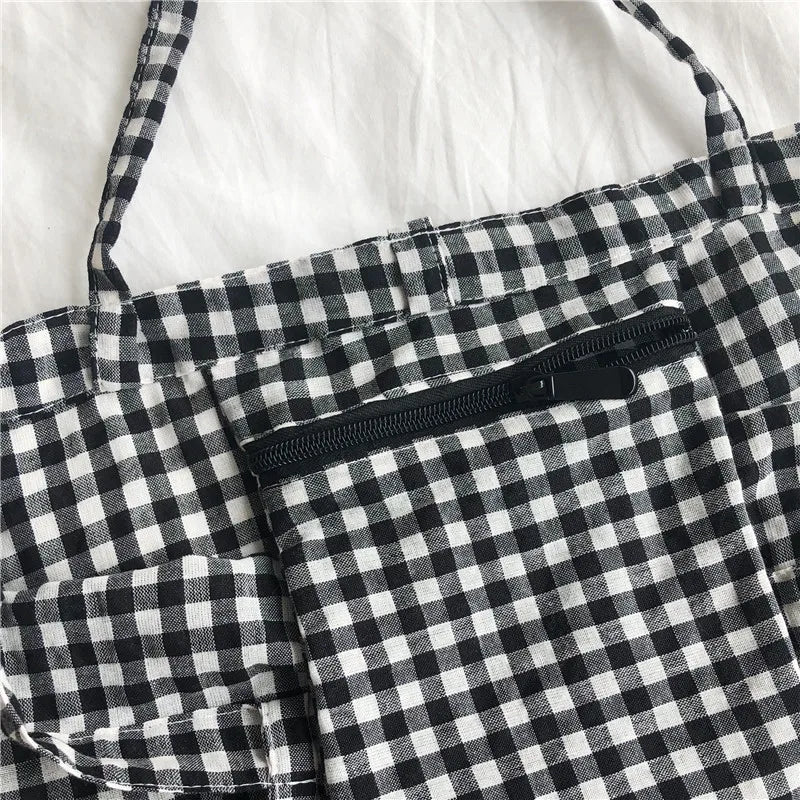 Women's Plaid Canvas Tote Shoulder Bag Eco-Friendly Large Capacity Handbag