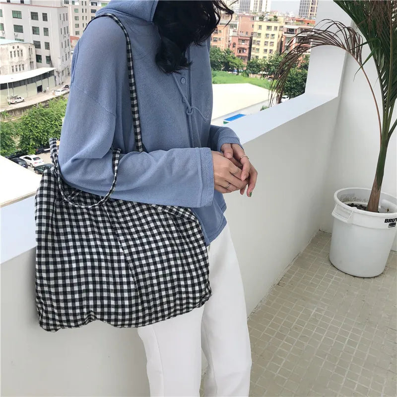 Women's Plaid Canvas Tote Shoulder Bag Eco-Friendly Large Capacity Handbag