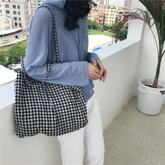 Women's Plaid Canvas Tote Shoulder Bag Eco-Friendly Large Capacity Handbag