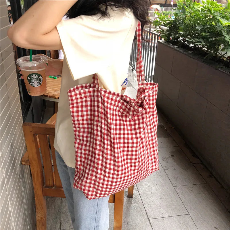 Women's Plaid Canvas Tote Shoulder Bag Eco-Friendly Large Capacity Handbag