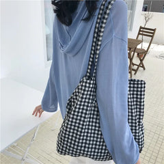 Women's Plaid Canvas Tote Shoulder Bag Eco-Friendly Large Capacity Handbag