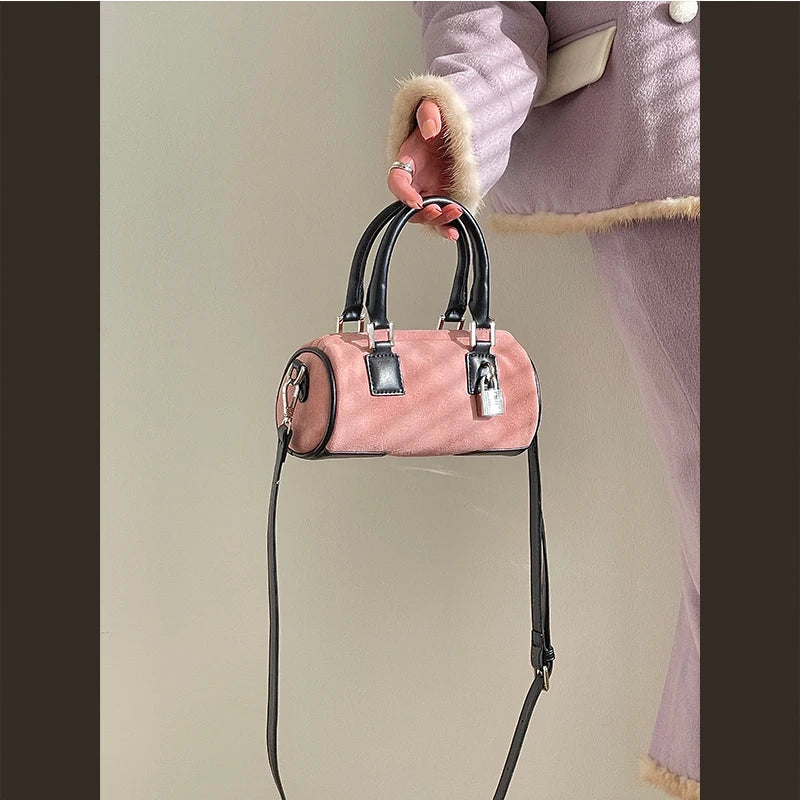 Women's Lock Cylinder Shoulder Bag Matte Leather Pink Clutch Handbag