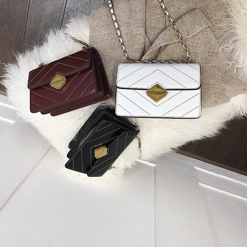 Women's PU Leather Plaid Crossbody Bag Striped Chain Messenger Handbag