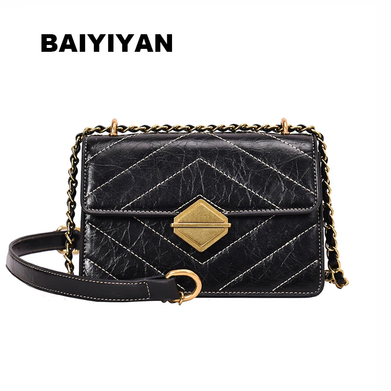 Women's PU Leather Plaid Crossbody Bag Striped Chain Messenger Handbag