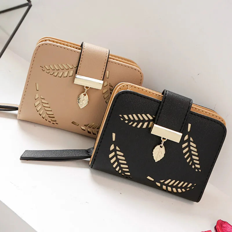 Women's Small Zipper Wallet Clutch Bag with Hollow Out Leaves