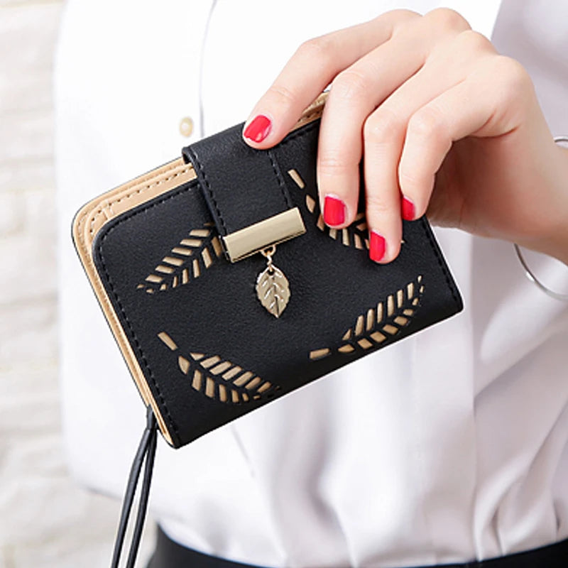 Women's Short Zipper Wallet Leather Small Clutch Bag With Hollow Out Leaves