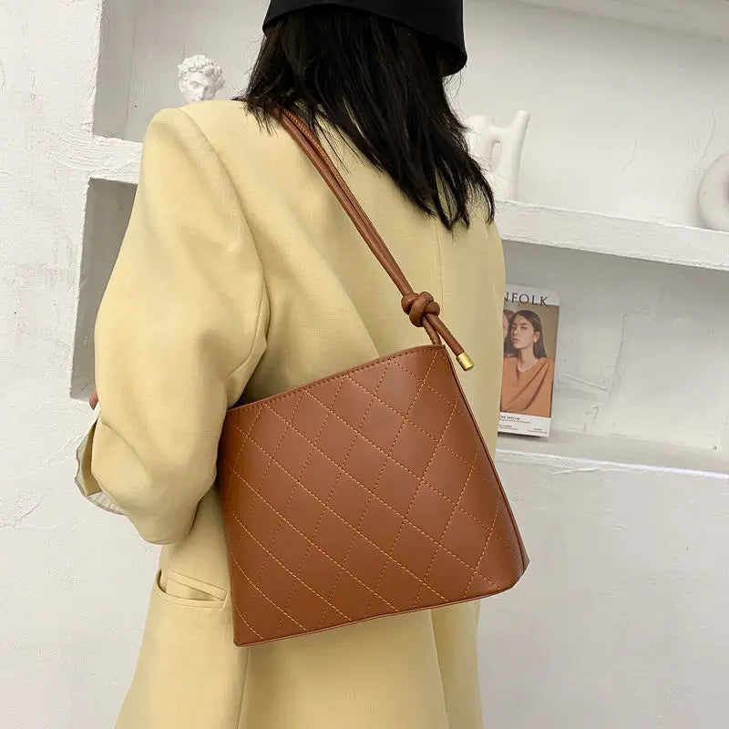 Plaid PU Leather Shoulder Bucket Bag for Women
